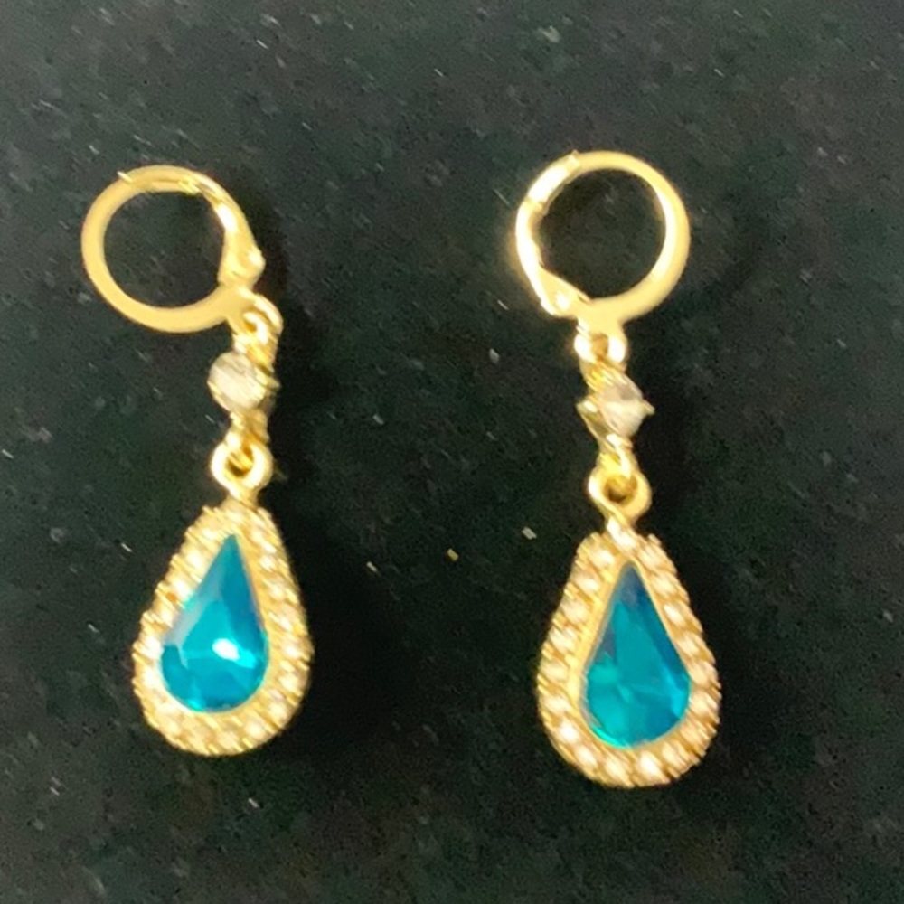 Elegant Gold and Blue Rhinestone Teardrop Earrings